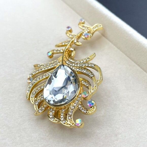 Yellow Gold with Diamond and AB Crystal Single Peacock Feather Pin Back Brooch - Picture 6 of 9